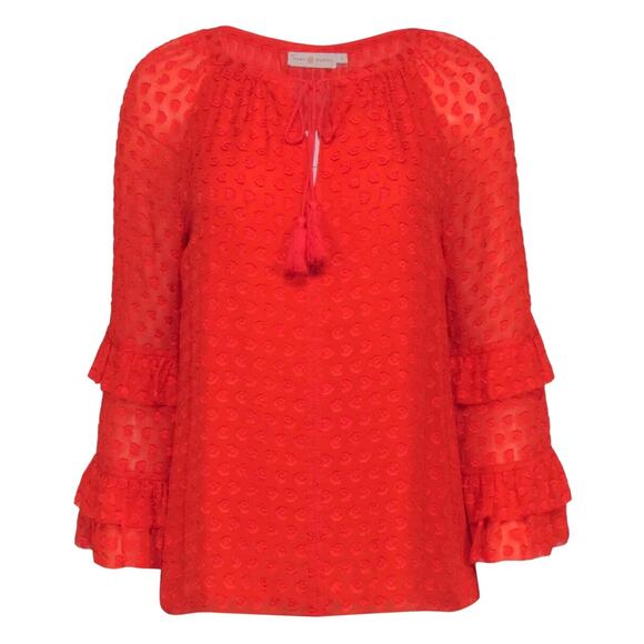Tory Burch Swiss Dot Textured Red Orange Bell Sleeves Blouse 4 Top Boho Ruffle - Picture 2 of 10
